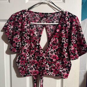 Divided Pink Floral Wrap Crop Top with Tie Front